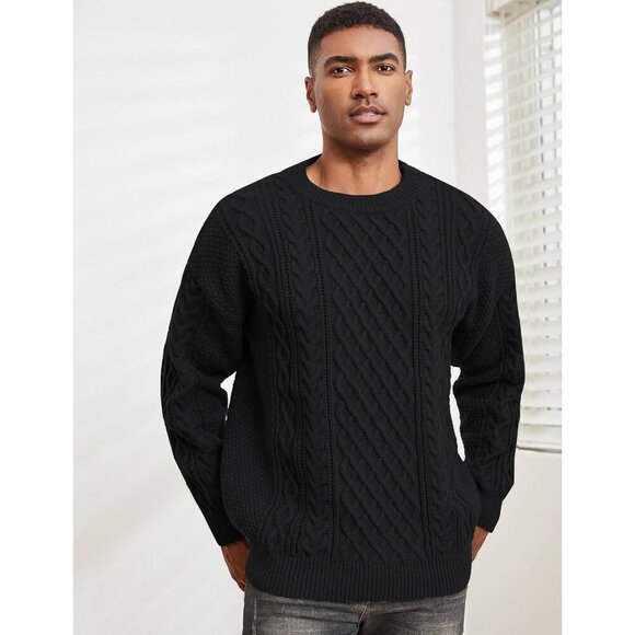 ❤️ Men's Black Polyester Cable Knitted Twist Patterned Pullover Sweater - Picture 4 of 6